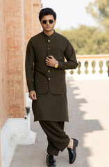 FOREST-BROWN BLENDED KAMEEZ SHALWAR WAISTCOAT