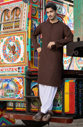 BRICK-BROWN BLENDED EMBROIDERED KURTA