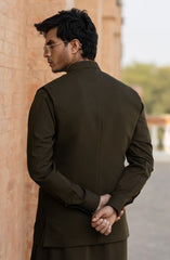 FOREST-BROWN BLENDED KAMEEZ SHALWAR WAISTCOAT
