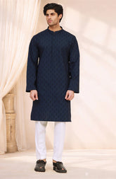 NAVY 100% COTTON EMBROIDERED KURTA