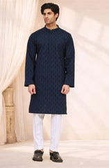 NAVY 100% COTTON EMBROIDERED KURTA