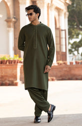 OLIVE BLENDED EMBROIDERED KAMEEZ SHALWAR