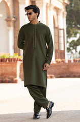 OLIVE BLENDED EMBROIDERED KAMEEZ SHALWAR