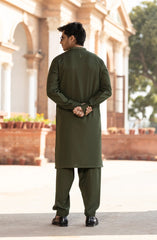 OLIVE BLENDED EMBROIDERED KAMEEZ SHALWAR