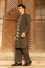OLIVE GREEN BLENDED KAMEEZ SHALWAR WITH WAIST COAT