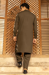 OLIVE GREEN BLENDED KAMEEZ SHALWAR WITH WAIST COAT