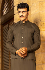 OLIVE GREEN BLENDED KAMEEZ SHALWAR WITH WAIST COAT