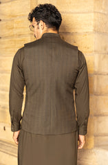 OLIVE GREEN BLENDED KAMEEZ SHALWAR WITH WAIST COAT