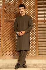 OLIVE GREEN BLENDED KAMEEZ SHALWAR WITH WAIST COAT