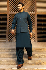WINTER'23 MEN KAMEEZ SHALWAR WITH WAIST COAT TEAL