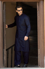 NAVY BLENDED KAMEEZ SHALWAR WITH EMBROIDERED WAISTCOAT
