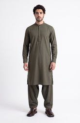 ARMY-GREEN EMBROIDERED BLENDED KAMEEZ SHALWAR