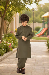 DARK-OLIVE EMBROIDERED BLENDED KAMEEZ SHALWAR