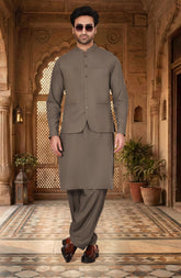LIGHT-OLIVE BLENDED KAMEEZ SHALWAR WITH WAISTCOAT