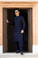 NAVY BLENDED KAMEEZ SHALWAR WITH EMBROIDERED WAISTCOAT
