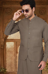 LIGHT-OLIVE BLENDED KAMEEZ SHALWAR WITH WAISTCOAT