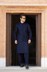 NAVY BLENDED KAMEEZ SHALWAR WITH EMBROIDERED WAISTCOAT