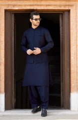 NAVY BLENDED KAMEEZ SHALWAR WITH EMBROIDERED WAISTCOAT