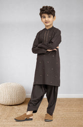 CHOCOLATE-BROWN EMBROIDERED BLENDED KAMEEZ SHALWAR