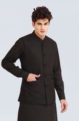 BLACK BLENDED KAMEEZ SHALWAR WITH EMBROIDERED WAISTCOAT