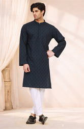 NAVY 100% COTTON EMBROIDERED KURTA