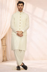 OFF-WHITE BLENDED KAMEEZ SHALWAR WAISTCOAT