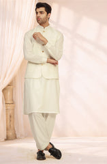 OFF-WHITE BLENDED KAMEEZ SHALWAR WAISTCOAT
