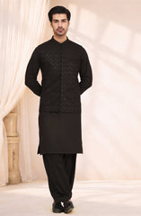 BLACK BLENDED KAMEEZ SHALWAR WITH EMBROIDERED WAISTCOAT