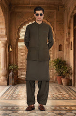 OLIVE-GREEN BLENDED KAMEEZ SHALWAR WITH WAISTCOAT