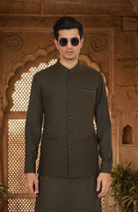 OLIVE-GREEN BLENDED KAMEEZ SHALWAR WITH WAISTCOAT