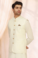 OFF-WHITE BLENDED KAMEEZ SHALWAR WAISTCOAT