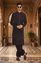 DARK-GREY BLENDED KAMEEZ SHALWAR WITH WAISTCOAT