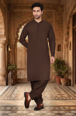 CHOCOLATE-BROWN BLENDED KAMEEZ SHALWAR WITH WAISTCOAT