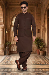CHOCOLATE-BROWN BLENDED KAMEEZ SHALWAR WITH WAISTCOAT