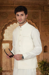 OFF-WHITE BLENDED KAMEEZ SHALWAR WITH WAISTCOAT