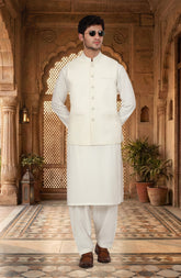 OFF-WHITE BLENDED KAMEEZ SHALWAR WITH WAISTCOAT