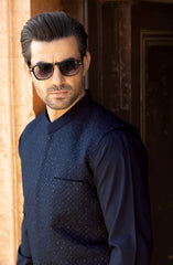 NAVY BLENDED KAMEEZ SHALWAR WITH EMBROIDERED WAISTCOAT