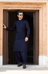NAVY BLENDED KAMEEZ SHALWAR WITH EMBROIDERED WAISTCOAT