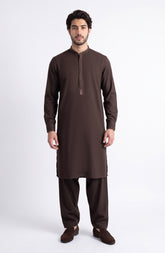 BROWN EMBROIDERED BLENDED KAMEEZ SHALWAR
