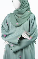 PISTA GREEN NADA ABAYA WITH EMBROIDERY