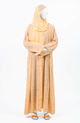 YELLOW PEACH PRINTED DOWN BUTTON ABAYA