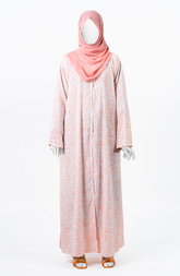 PEACH PRINTED DOWN BUTTON ABAYA