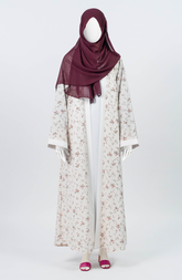 WHITE MAROON PRINTED DOWN BUTTON ABAYA