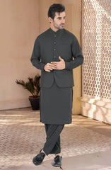 GREY BLENDED KAMEEZ SHALWAR WITH WAIST COAT
