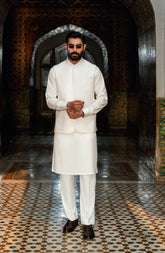 OFF-WHITE KURTA PAJAMA WITH EMBROIDERED WAISTCOAT