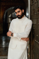 OFF-WHITE KURTA PAJAMA WITH EMBROIDERED WAISTCOAT