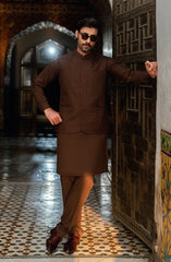 BROWN KURTA PAJAMA WITH EMBROIDERED WAISTCOAT