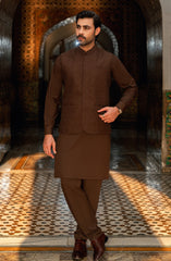 BROWN KURTA PAJAMA WITH EMBROIDERED WAISTCOAT