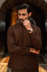 BROWN KURTA PAJAMA WITH EMBROIDERED WAISTCOAT