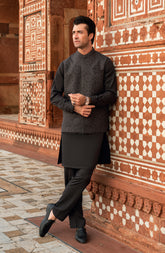 DARK-GREY BLENDED KURTA PAJAMA WITH EMBROIDERED WAISTCOAT
